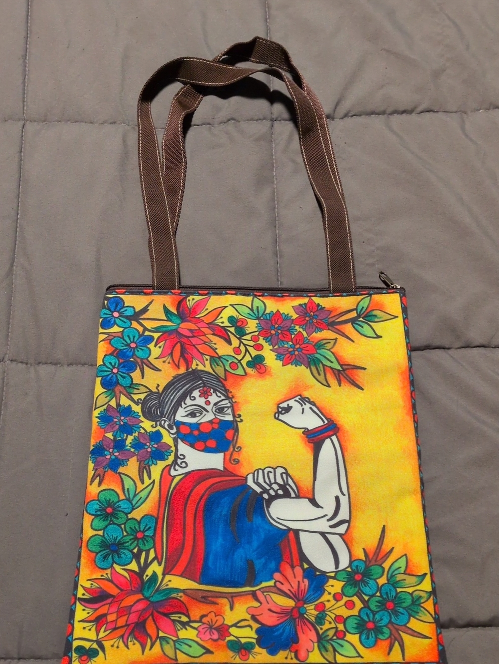Colorful Floral Graphic Tote Bag with Empowered Figure - Yellow & Multicolor